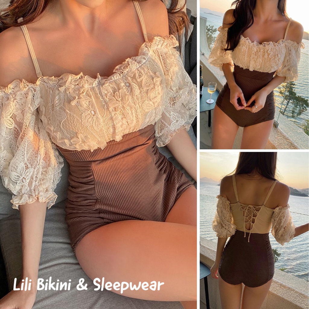 Bikini liền mảnh trễ vai ren hoa nude phối nâu sang chảnh Hàn Quốc che bụng tốt có bigsize, đồ bơi thời trang
