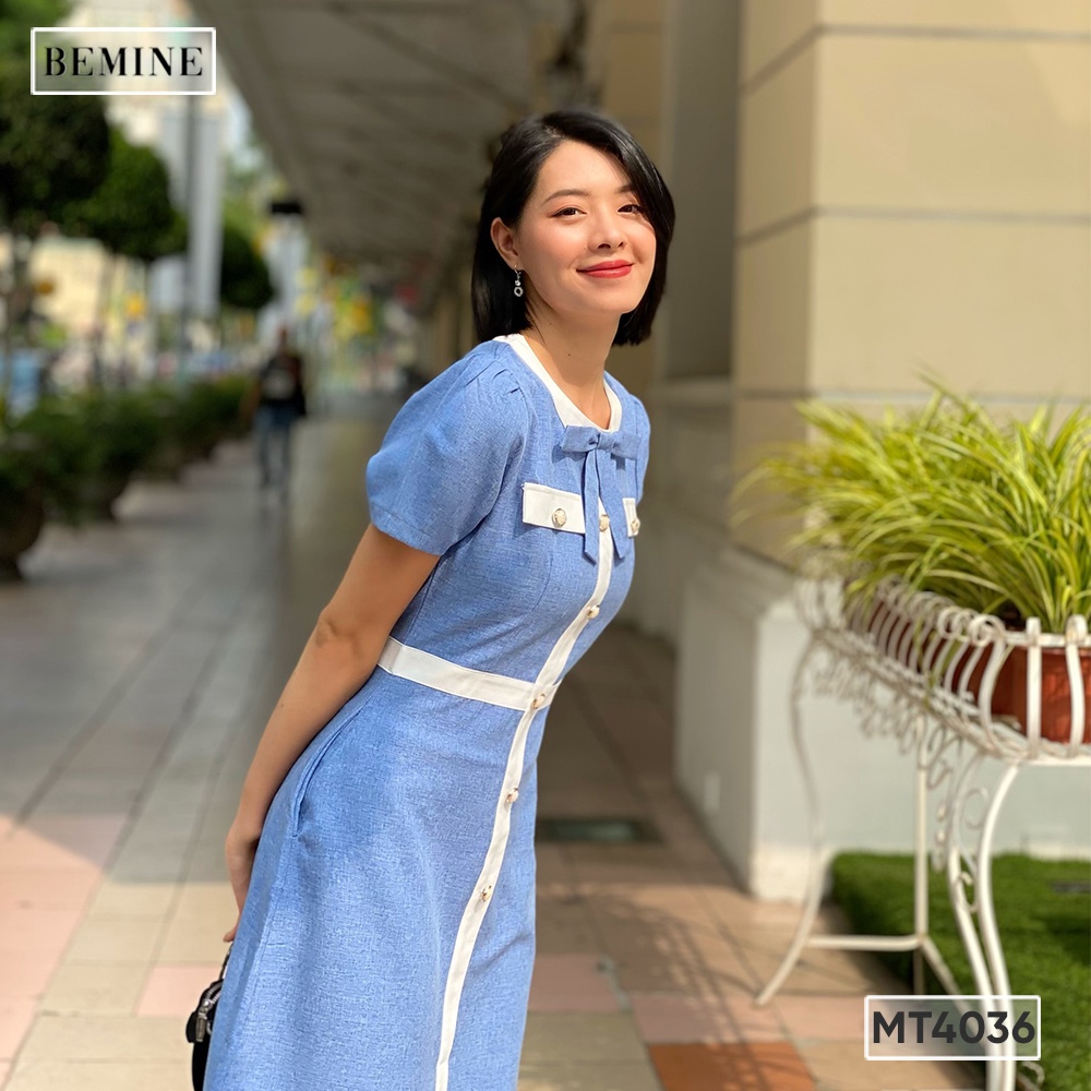 Đầm tay ngắn cổ nơ phối viền BEMINE MT4036XANH