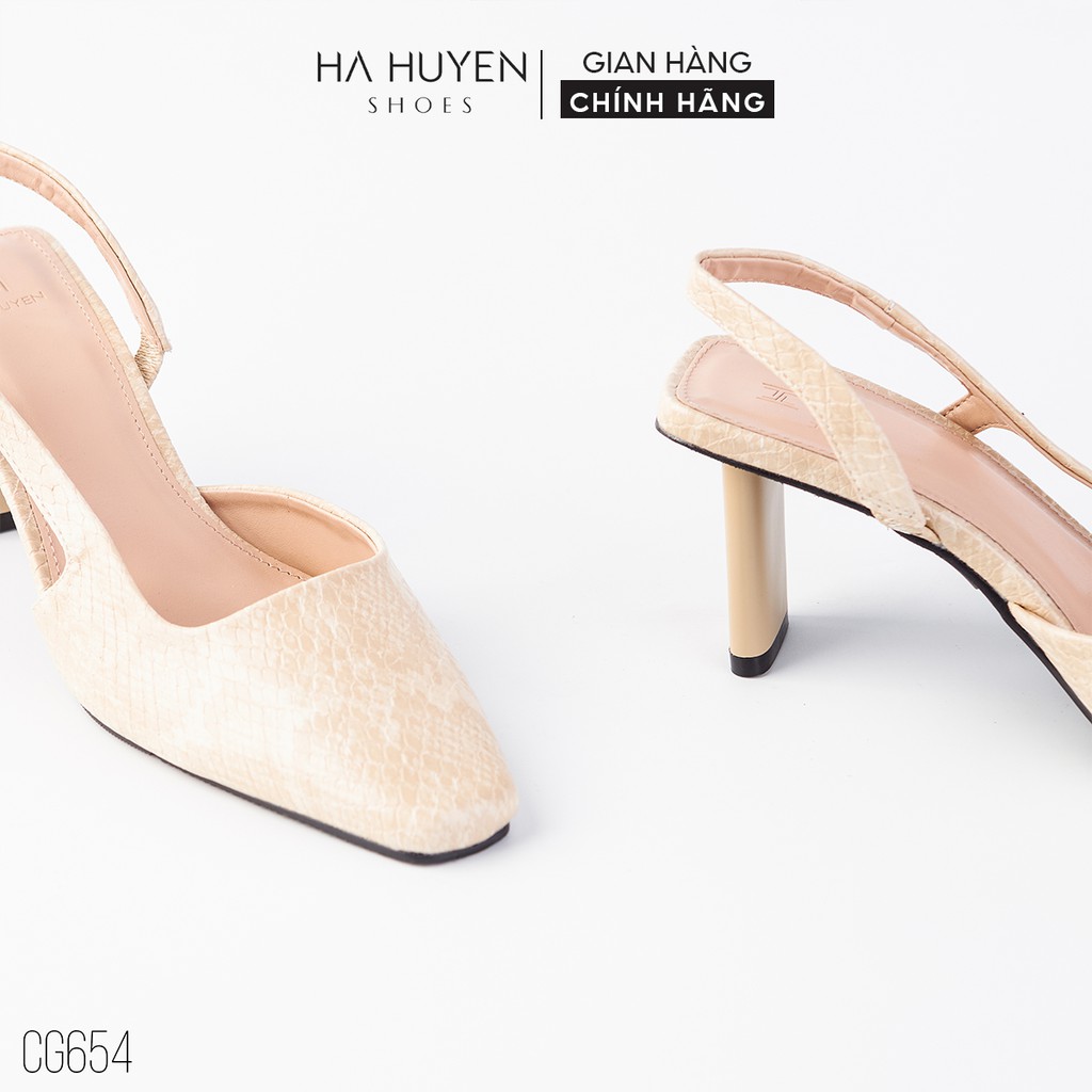 Giày cao gót nữ Hà Huyền Shoes vân da mũi vuông khoét eo bên quai hậu gót dẹt 5 phân - CG654