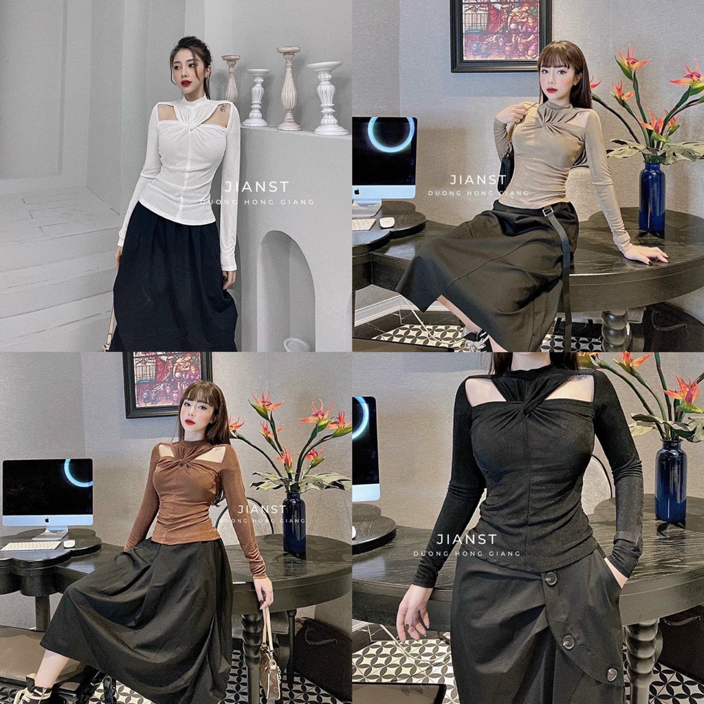 áo kiểu tay dài xoắn cổ trà xanh hot hit tôn dáng