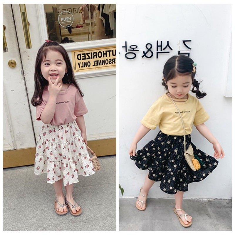 Summer Baby Girls Casual Short Sleeve Letter Print T-shirt Tops+Floral Short Skirts Suits Costume Set