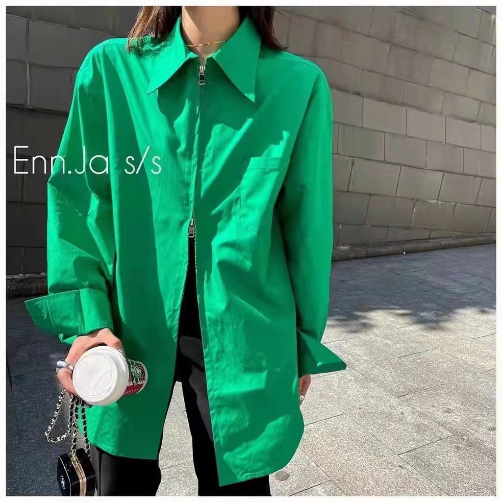 Áo Sơ Mi Dáng Rộng Dài Tay Phối Khóa Kéo Phong Cách Hàn Quốc Thời Trang Dành Cho Nữ 2022