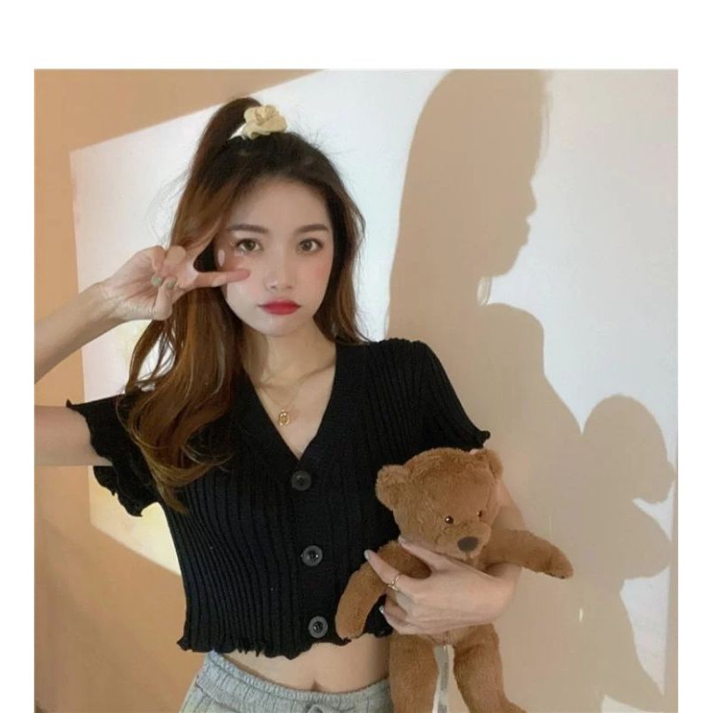 áo thun nữ croptop tay ngắn cỗ chữ V siêu xinh dễ thương