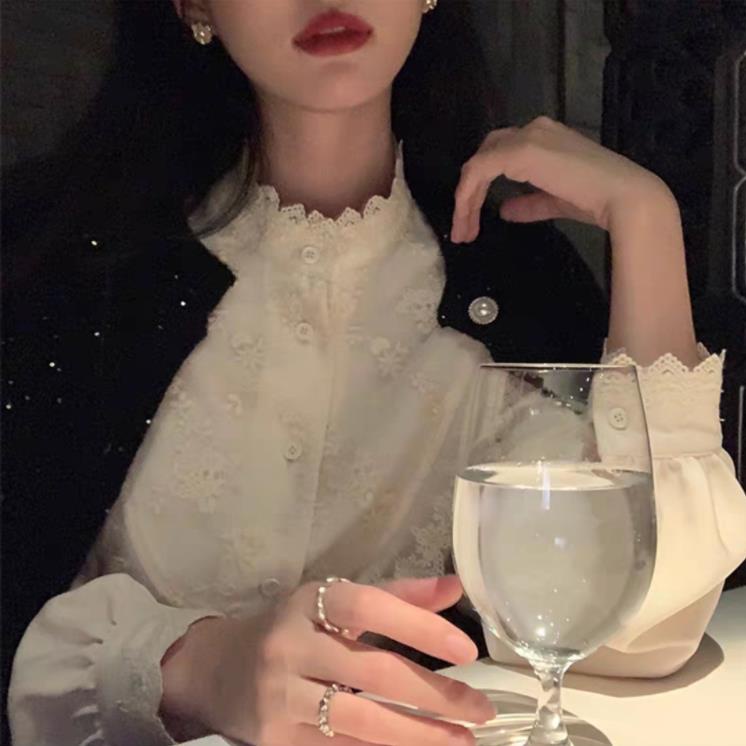 Áo Sơ Mi Tay Dài Phồng Phối Ren Màu Sắc Trơn Phong Cách Vintage Dành Cho Nữ