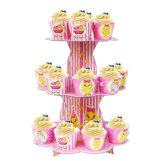 Tháp bánh 3 tầng , tem cắm + ly cupcake mẫu bé gái
