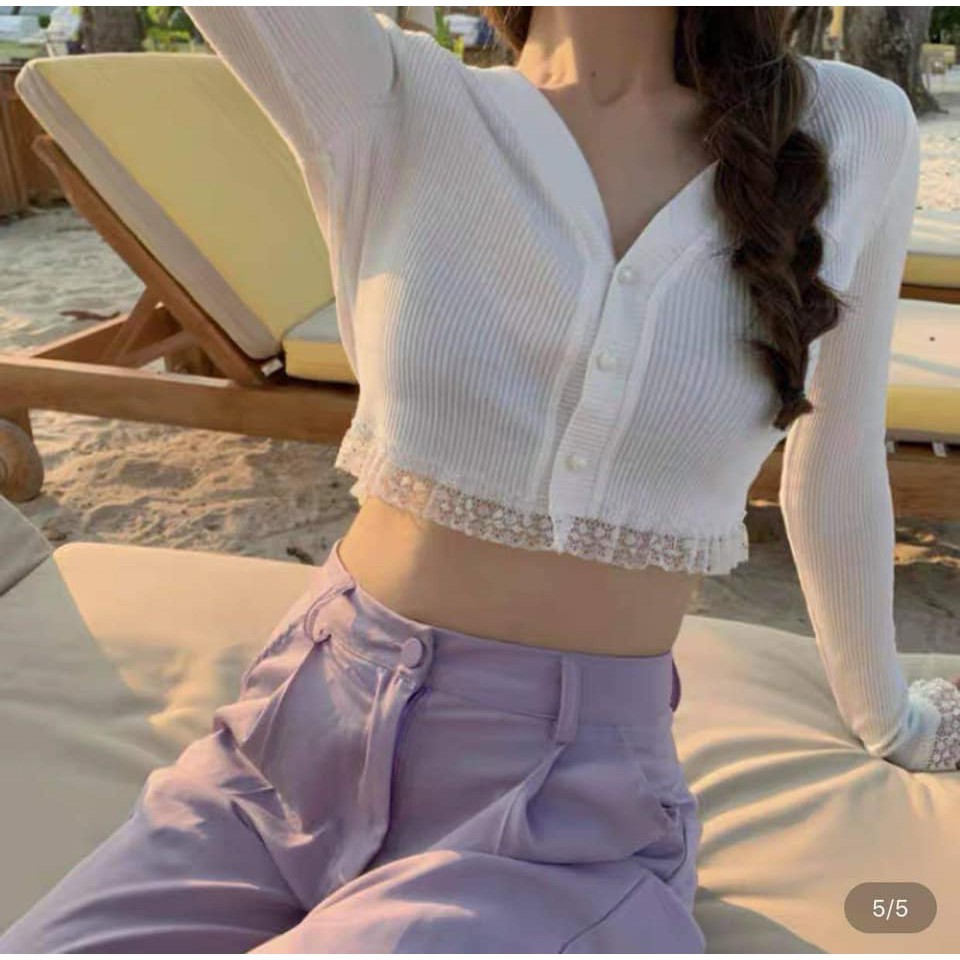 Áo thun tăm phối ren dáng ngắn nữ - Croptop tay dài cổ tim bánh bèo tiểu thư phông trắng SIÊU ĐẸP | BigBuy360 - bigbuy360.vn