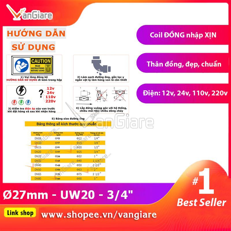 [Van đẹp, đúng hiệu] Van điện từ phi 27 UW20 UniD (Coil nhập Xịn)