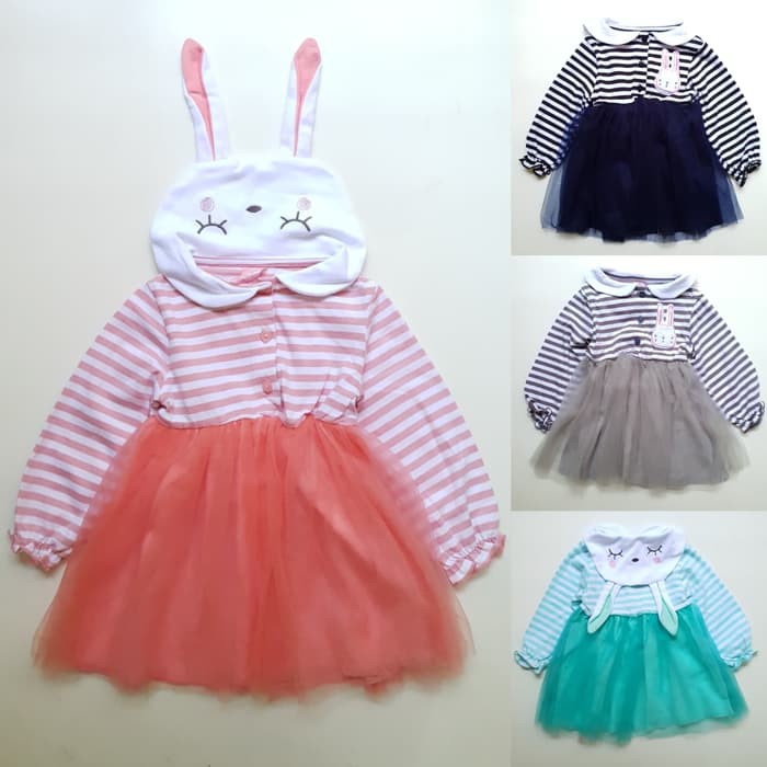 Đầm xoè Tulle hoạ tiết kẻ sọc phối hình thỏ đáng yêu cho bé gái