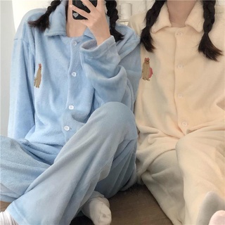 Bộ đồ ngủ dày thêu họa tiết con gấu dễ thương thời trang mùa đông cho nữ