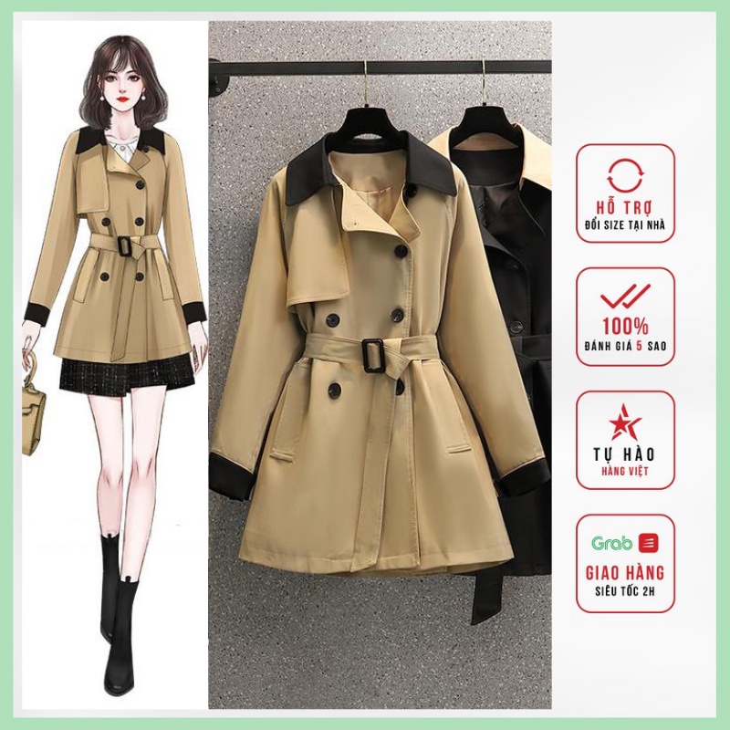 Áo khoác Kaki dáng dài 2 lớp cổ phối màu be, đen - Design by MFF - AK04