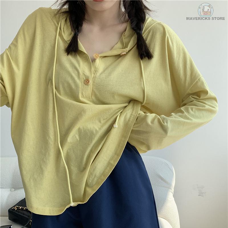 Áo hoodie tay dài dáng rộng phong cách Hàn Quốc dễ phối đồ thời trang mùa thu cho nữ