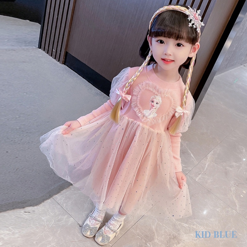 Đầm Công Chúa Elsa Tay Dài Phối Lưới Dễ Thương Xinh Xắn Cho Bé Gái