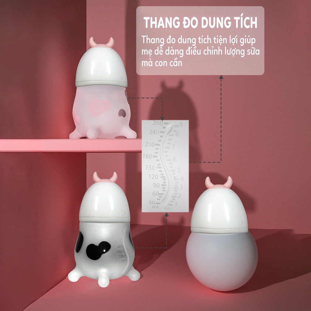 Bình Sữa Cho Bé Kichilachi Cổ Rộng , Chất Liệu Silicon Hình Bò Sữa Với Núm Ti Siêu Mềm