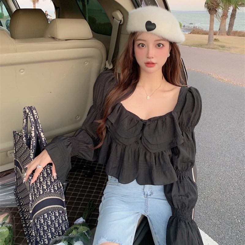 IELGY Korean style sweet V-neck ruffled long-sleeved shirt for women