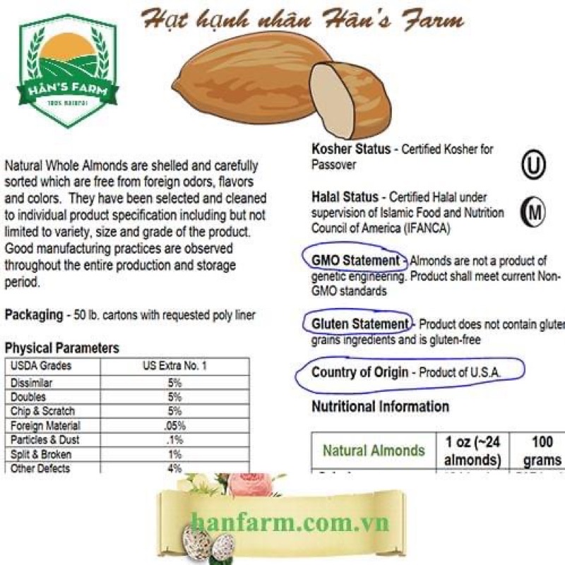 Hạnh nhân sống không biến đổi gen Mỹ nonpareil loại 1 size lớn 25/27 _ Raw almonds non GMO grade 1 big size 25/27