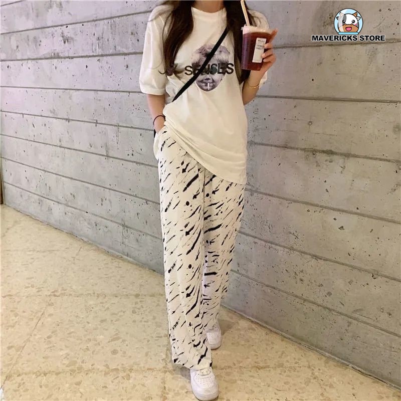 Áo thun tay ngắn/ Quần dài ống rộng in họa tiết sọc ngựa vằn phong cách Hàn Quốc thời trang dành cho nữ