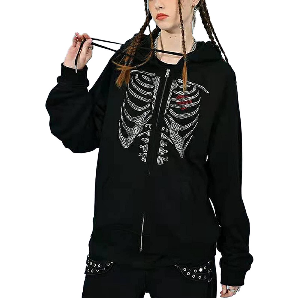 Áo Hoodie Có Dây Kéo 90s Họa Tiết Đầu Lâu Đính Đá Thời Trang Cho Nữ