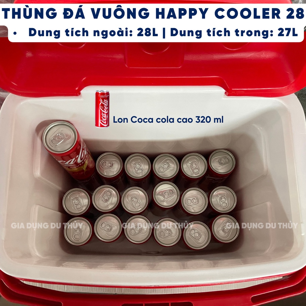 Thùng đá giữ nhiệt vuông giữ lạnh 36h dung tích 28L Happy Cooler có quai xách, không chứa BPA an toàn cho sức khỏe