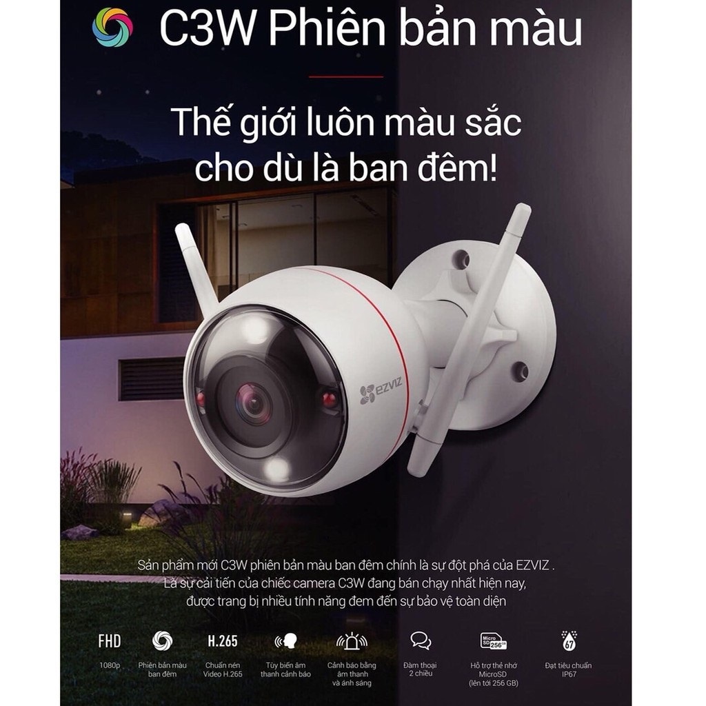 Camera WiFi ngoài trời, ghi hình màu ban đêm EZVIZ C3W CS-CV310 1080P 2.0MP - Hàng Chính Hãng