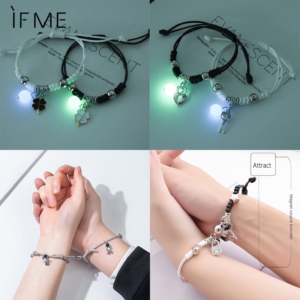 IF ME Vòng đeo tay   dạ quang từ tính mặt hình cỏ bốn lá/phi hành gia thời trang cho cặp đôi
