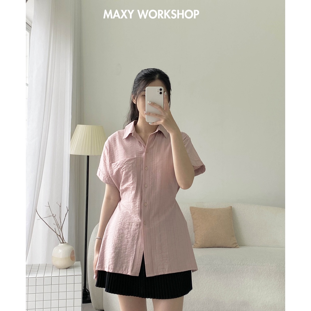 Áo sơ mi tay ngắn cách điệu bên eo Button Sleeve Shirt Pink Maxy Workshop