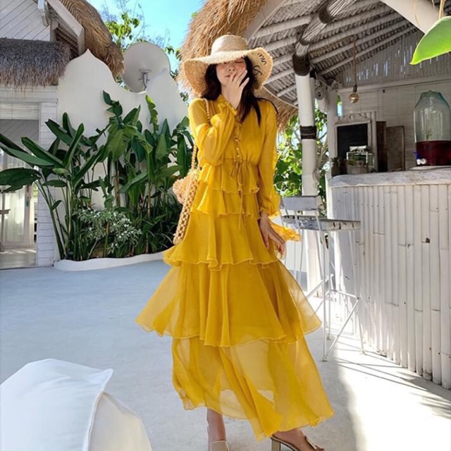 [Flashsale] Đầm maxi vàng xoè nhún tầng du lịch vintage, váy dạ hội đi tiệc prom sống ảo style thổ cẩm boho