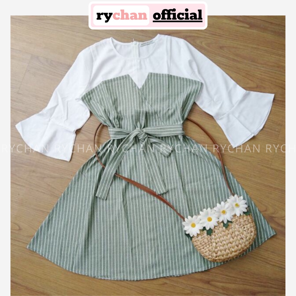 [ẢNH THẬT CUỐI] DX684 - Đầm Xòe Sọc Rêu Phối Trắng Cột Eo