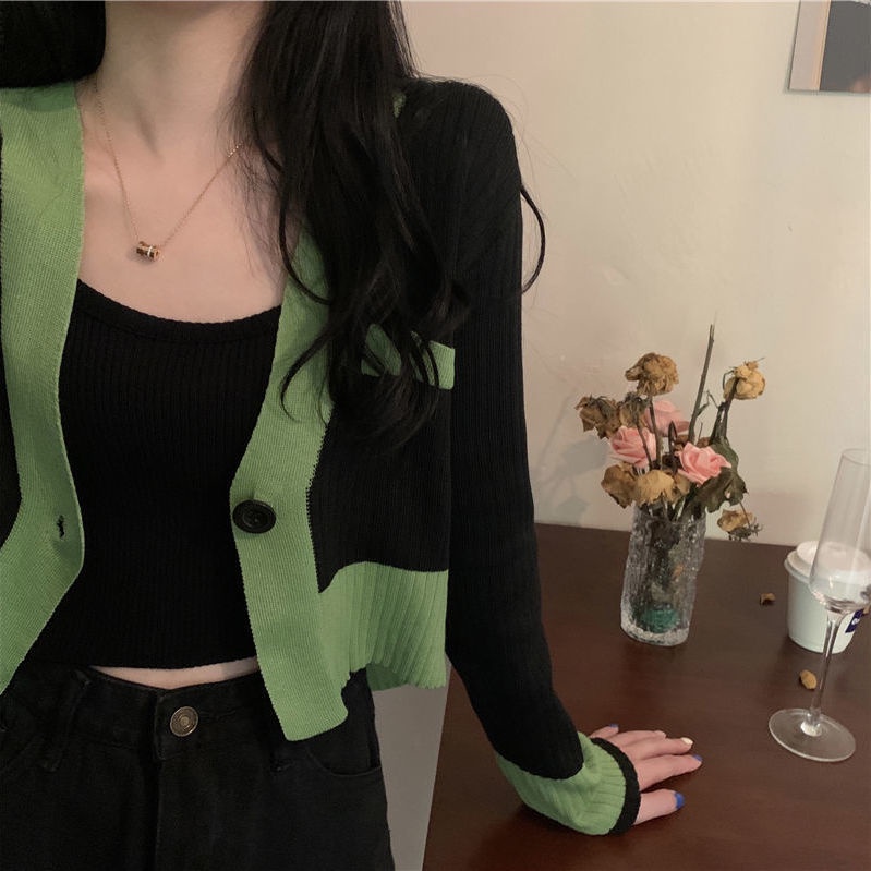 Áo Khoác cardigan Dệt Kim Mỏng Tay Dài Dáng Ngắn Màu Sắc Khối Độc Đáo Thời Trang Cho Nữ