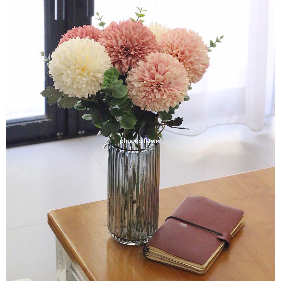 Hoa bồ công anh Size Lớn Hoa cúc tròn giả bằng vải lụa loại bông lớn 10.5cm dài 52cm cắm bình tuyệt đẹp