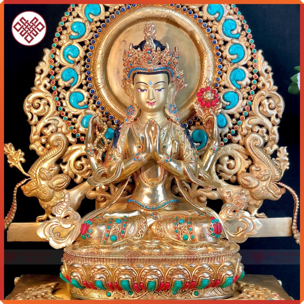 Tượng Phật Quan Âm Tứ Thủ Mật Tông [Kim Cương Hỷ Lạc] Nepal Cẩn Đá 33Cm