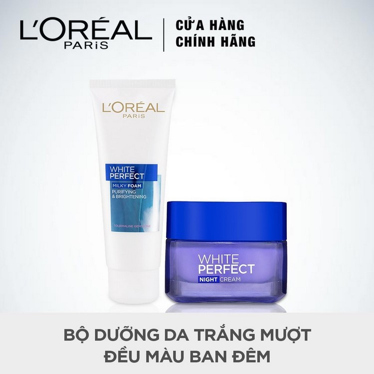 Bộ Sữa Rữa Mặt trắng da L'Oreal Paris White Perfect Milk 50ml Và Kem Dưỡng Da Ban Đêm L'Oreal Paris White Perfect 50ml