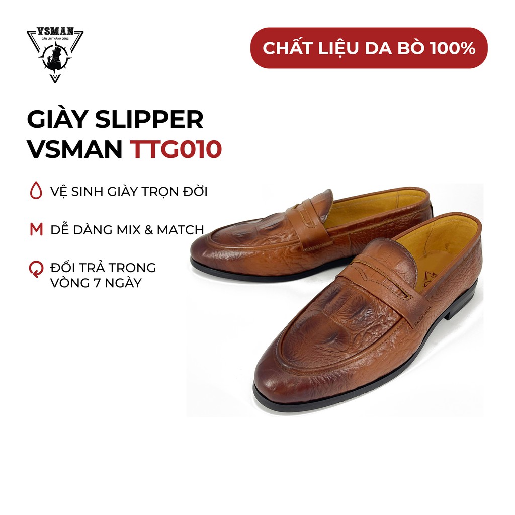 Giày lười Loafer da bò thật VSMAN - Giày mọi nam công sở vân cá sấu đế đúc kiểu dáng ôm chân dành cho quý ông - TTG010