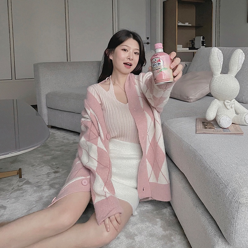 Áo khoác cardigan dệt kim họa tiết sọc caro phong cách Anh quốc thời trang cho nữ