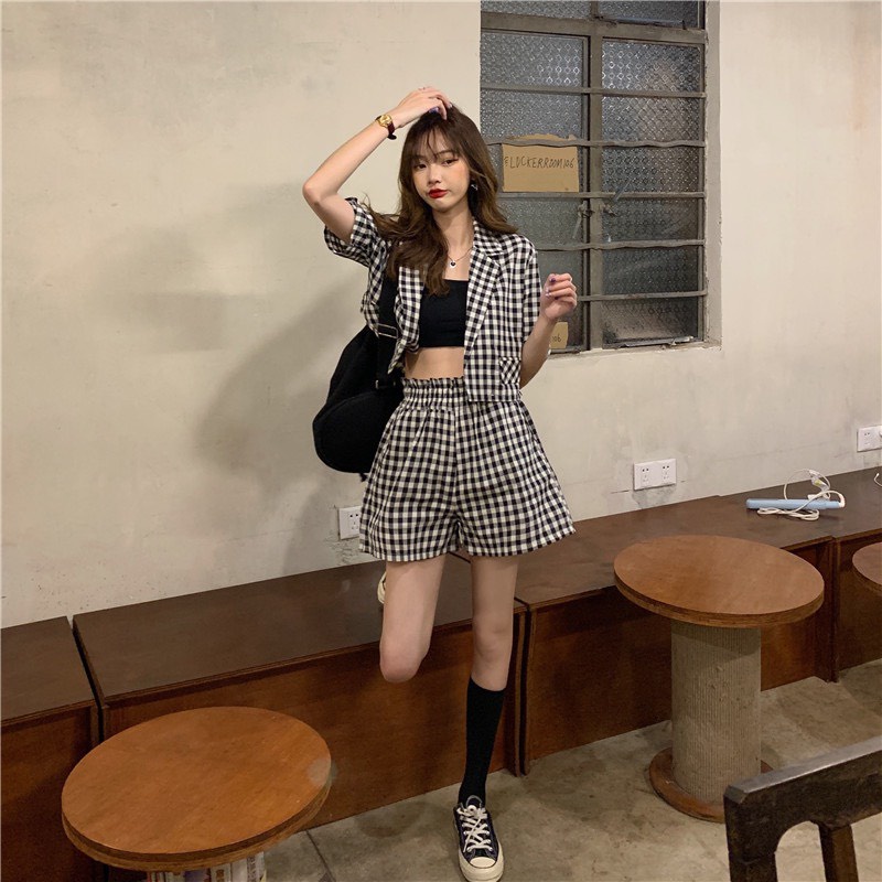Set đồ nữ cá tính áo blazer dáng ngắn quần short cạp cao ống rộng áo quây đen HSG142, set bộ 3 món hàn quốc ulzzang