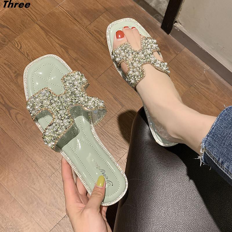 Women's shoes, slippers, women's outer wear, fashionable flat-bottomed rhinestone pearl beach cool