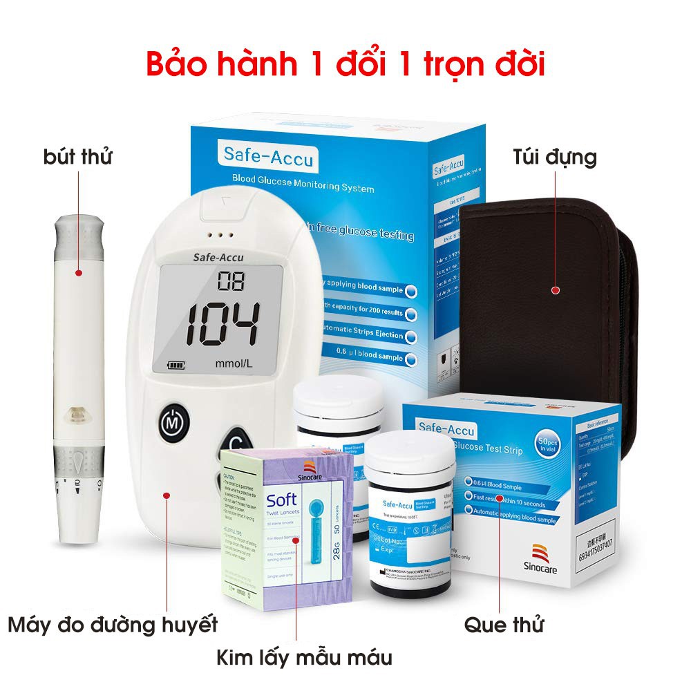 Máy đo đường huyết Safe-Accu đo tiểu đường, phát hiện tiểu đường bảo hành 1 đổi 1 trọn đời - Guty Care