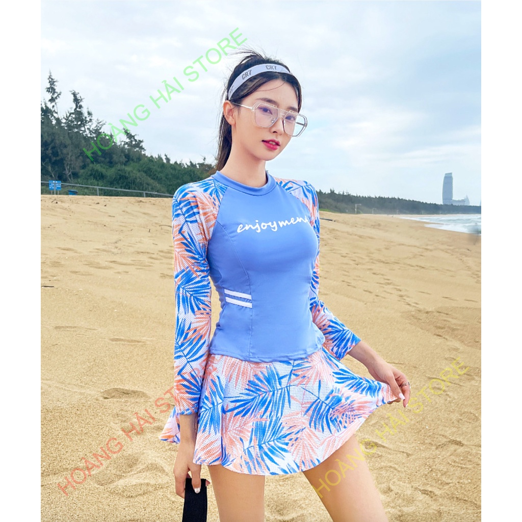 Bộ đồ bơi bikini kín đáo nữ hai mảnh đi tắm biển áo dài tay kèm váy giấu bụng che nắng - B.29