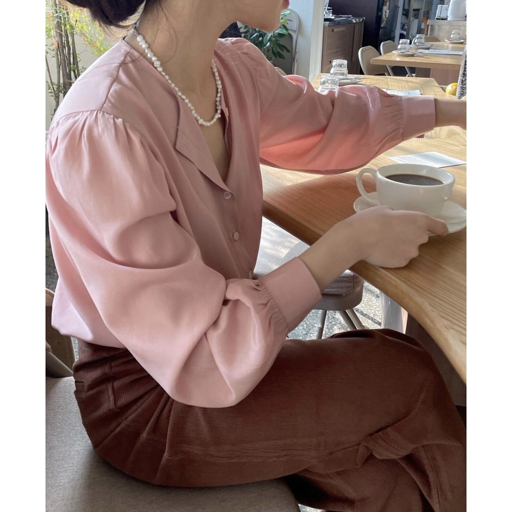 Áo Sơ Mi Tay Phồng Màu Hồng Phong Cách Hàn Quốc Xinh Xắn Cho Nữ