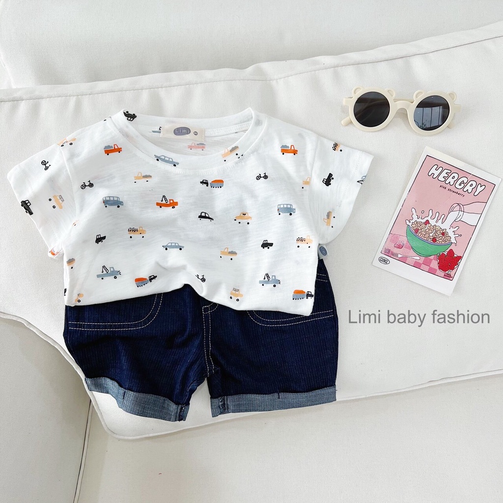 Bemoo- Set áo cotton in hình oto kèm quần jean cho bé trai