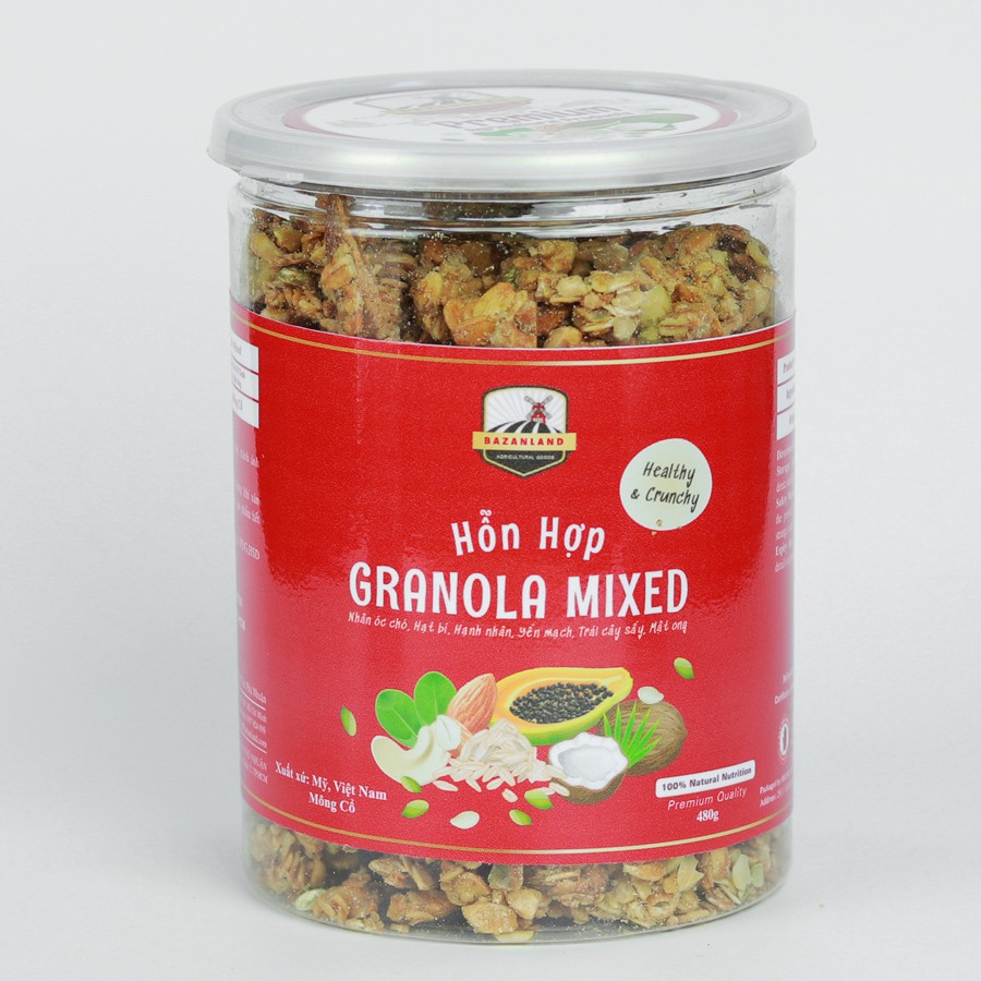 Hạt dinh dưỡng Bazanland GRANOLA – MIXEDNUTS 480gr - Ngũ cốc tiện lợi cho người ăn Kiêng (Đỏ) - Nhất Tín Food