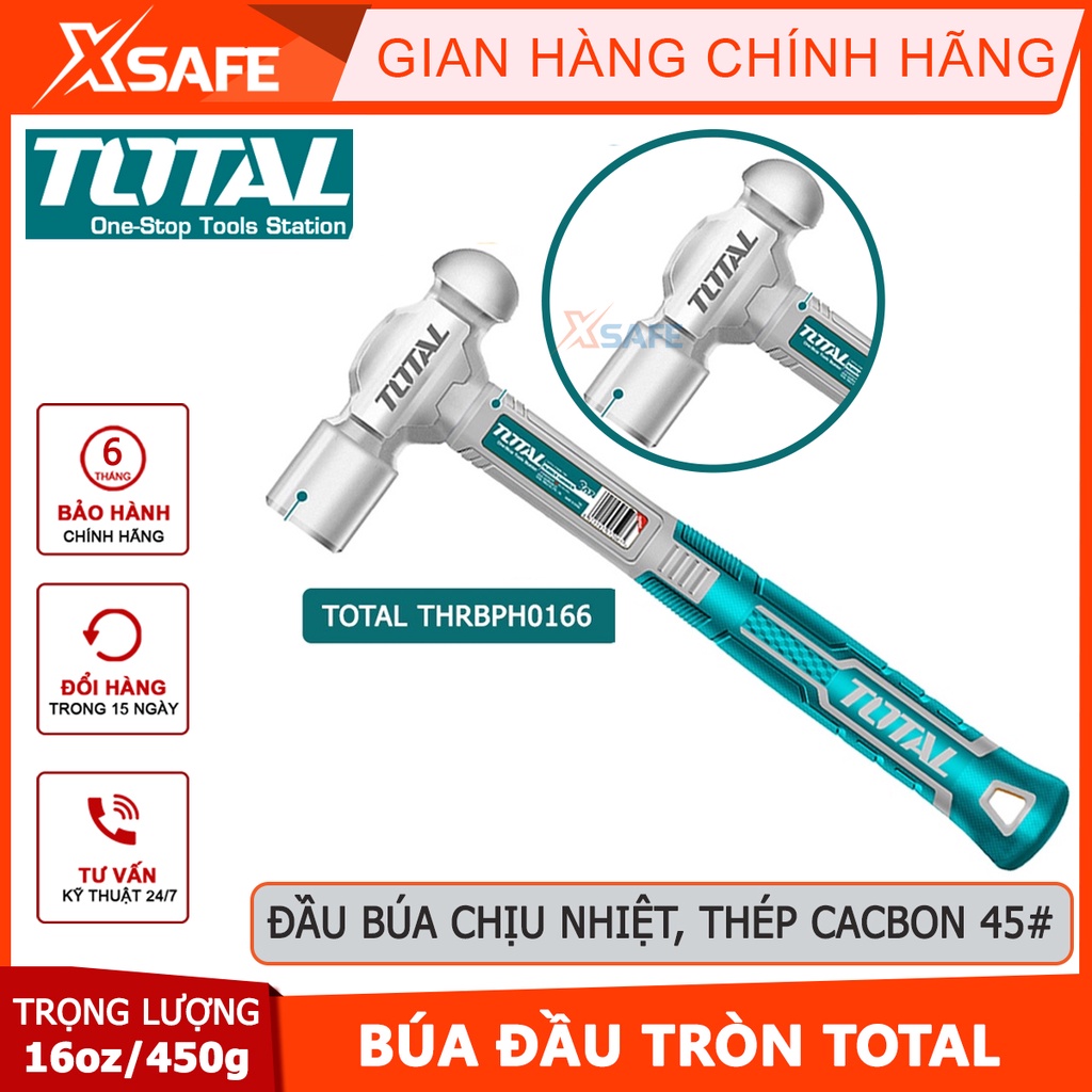 Búa đầu tròn 450g Total THRBPH0166, đầu búa nguyên khối chịu nhiệt, thép cacbon 45 #, tay cầm hai màu[CHÍNH HÃNG][XSAFE]