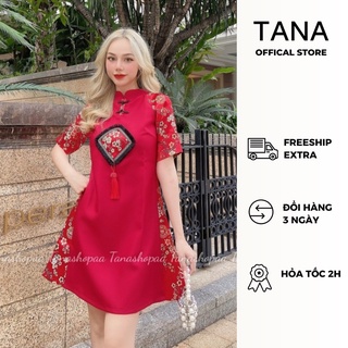 Đầm suông Trung Hoa TANA D0072 vải tuyết mưa đỏ cao cấp mặc dịp Tết họa tiết eo và tay (Hoa xanh và Hoa đỏ)