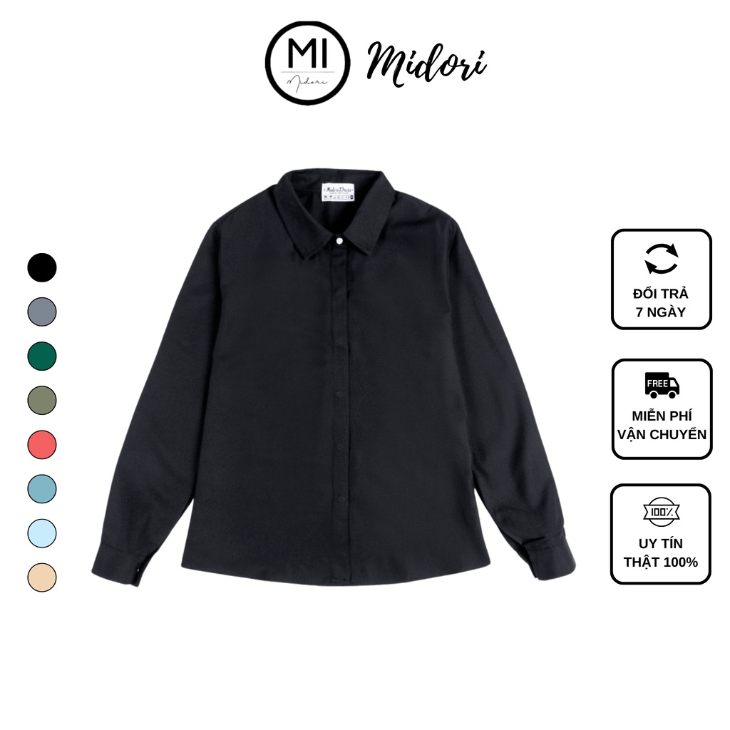 Áo sơ mi công sở nữ đẹp kiểu Hàn Quốc form rộng tay dài chất lụa cao cấp Trắng Be Đen Xanh Local Brand Mi Midori