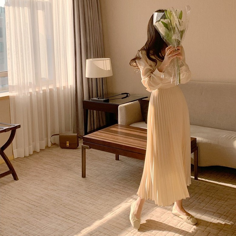 Đầm sơ mi chic dài tay dáng xòe xếp ly màu quả mơ Hàn Quốc