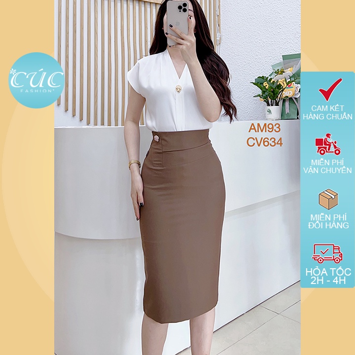 Chân váy bút chì CÚC FASHION nữ ôm che bụng cao cấp dài qua gối công sở đẹp đen đi học đầm 1 cúc đá lệch CV634