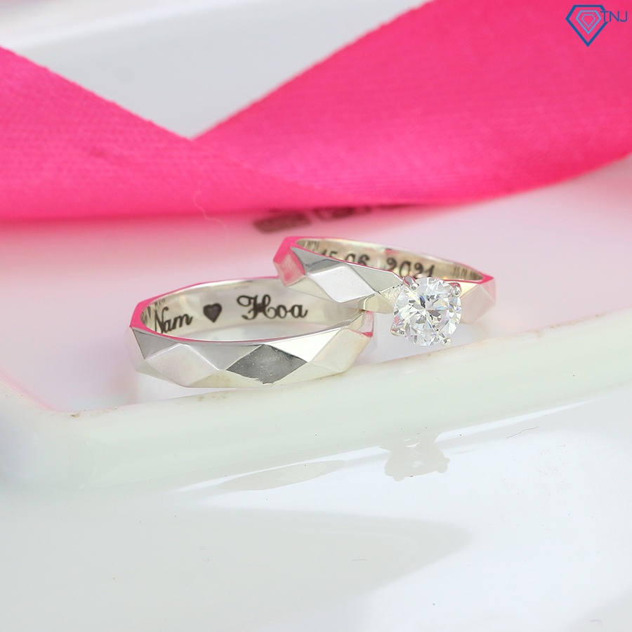 nhẫn bạc đôi nam nữ kẻ caro khắc tên cá tính ND0479 - Trang sức TNJ