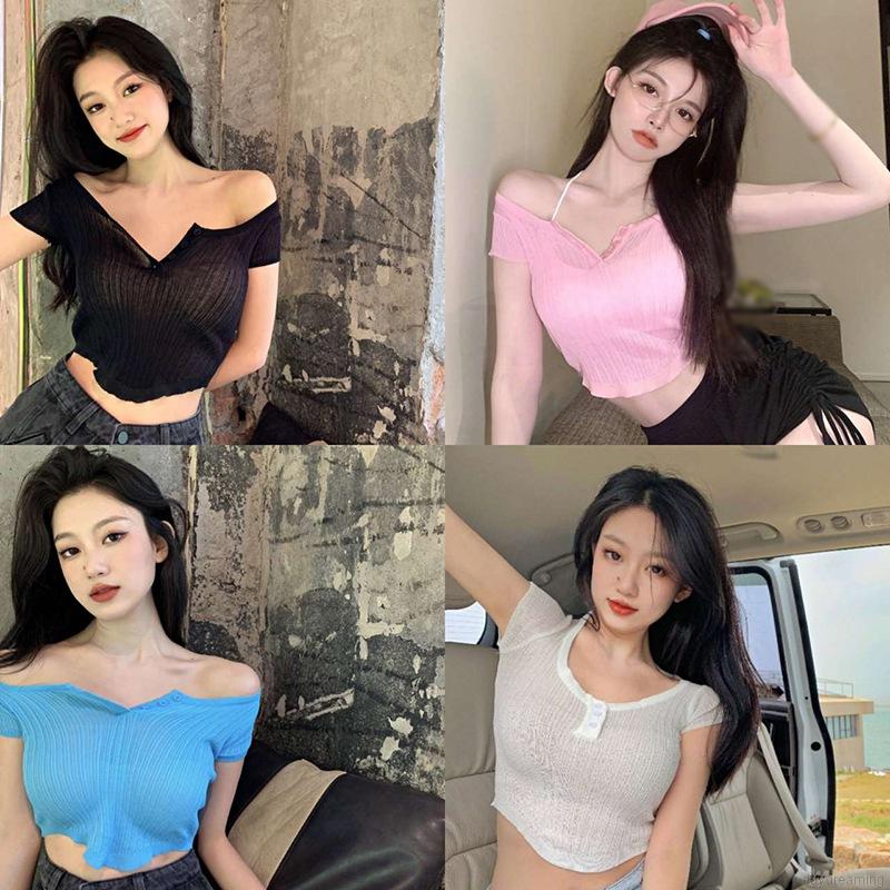 Áo Thun Dệt Kim Tay Ngắn Cổ Vuông Màu Trơn Thanh Lịch | BigBuy360 - bigbuy360.vn