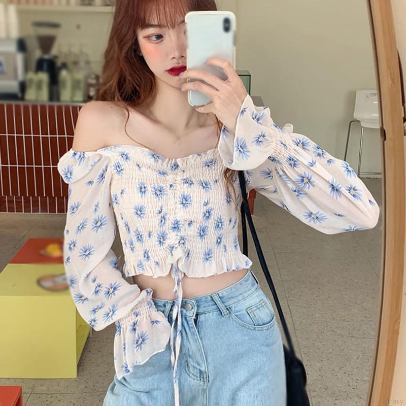 Áo Kiểu Dáng Ngắn Xếp Ly Cổ Vuông Vải Voan Hoạ Tiết Hoa Thời Trang Hàn Quốc | BigBuy360 - bigbuy360.vn