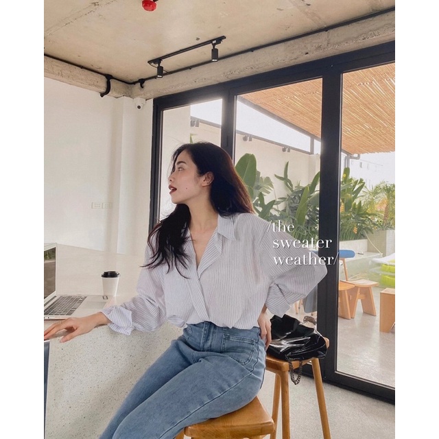 Áo sơ mi thô KẺ SỌC 1 CÚC VẠT CHÉO, áo sơ mi sọc dọc dáng rộng ( Ảnh thật )