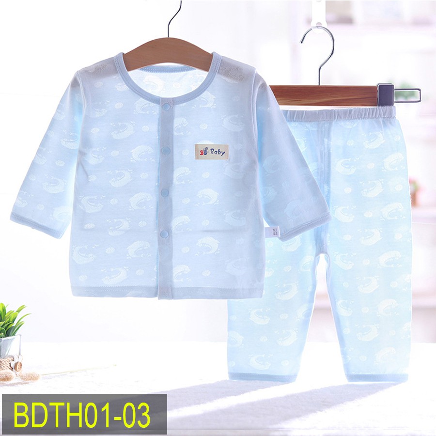 Bộ quần áo dài tay cúc giữa Cotton mỏng mặc hè thu cho bé trai bé gái Hàng Quảng Châu xuất Nhật BDTH01